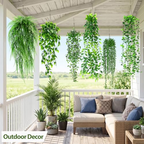Daifunli 12 Pcs Artificial Hanging Plants Fake Hanging Ferns Plastic Fake Plant for Wall Room Garden Garland Indoor Outdoor Decor No Basket (Eucalyptu,Mandala,Boston,String of Pearl,Podocarpu,Pothos) - style: Eucalyptu,Mandala,Boston, String of Pearl, Pod