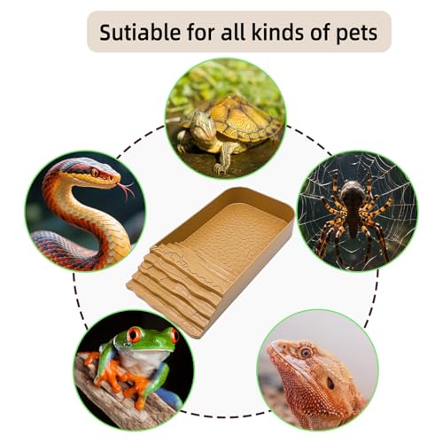3 PCS Reptile Water Dish with Climbing Ramp Leaf Reptile Water Bowl Amphibians Habitat Yellow Tortoise Food Bowl for Turtle Gecko Bearded Dragon Lizard (Yellowish-Brown) - color: faint yellow