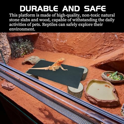 Reptiles Basking Platform with Wooden Pile, 11.8×6×2.4", Extra Large Slate Rocks for Bearded Dragon, Basking Rock for Tortoise Turtle Ball Python Snake Lizard Gecko Chameleon Hideout