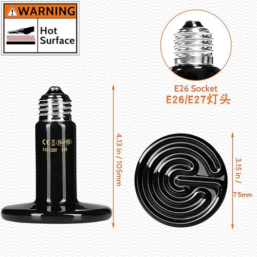 Sxminer 150W Ceramic Heat Emitter - Reptile Heat Bulbs with E26/E27 Base, 110V-130V, Infrared Heating Lamp for Reptiles, Chickens, Dogs, Cats & Small Pets - Safe, No-Light Heat Source (2-Pack, Black)