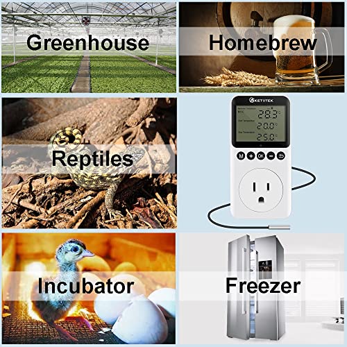 KETOTEK Digital Day/Night Temperature Controller 120V, Thermostat Outlet Plug with Timer, Thermostatic Outlet Switch 110V with 3m Sensor for Reptile Terrarium Greenhouse, Heating/Cooling Temp Control - style: KT3200pro No Backlit