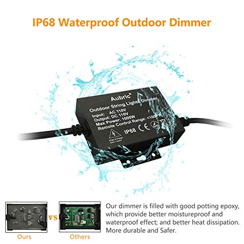 Outdoor Dimmer Switch for String Lights, 1000W Max Power IP68 Waterproof Wireless RF Remote Control Timer Switch, 3 Prong Outlet Plug-in Dimmer for Dimmable LED String Lights Patio Lights