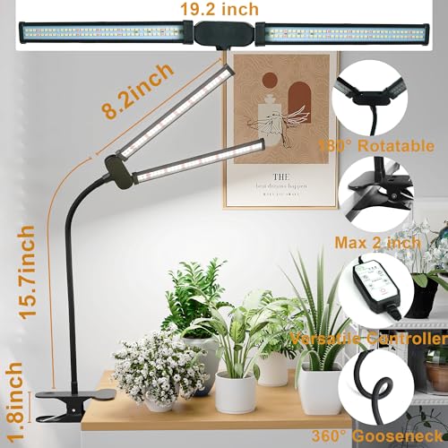LED Grow Light,Super Bright 6000K White Full Spectrum Clip Plant Growing Lamp with Rotatable Dual Head for Indoor Desk Plants,Dimmable & Timer 4/8/12H,High Power Output for Faster Growth,1-Head - size: 1 Tube