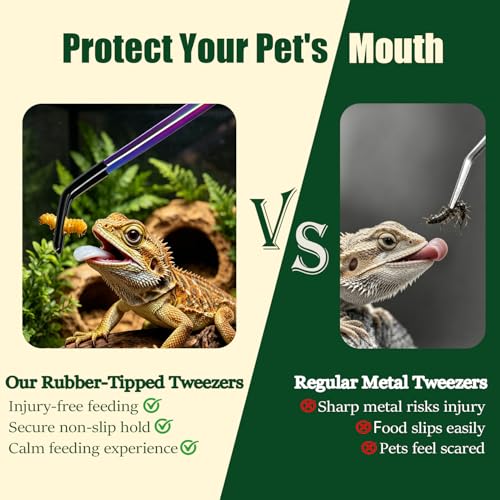 4 Pack Reptile Thermometer and Humidity Gauge & Reptile Feeding Tongs with Rubber Tips, Bearded Dragon Tank Accessories, Digital Hygrometer and 10.6" Straight & Curved Long Tweezers for Lizard, Gecko