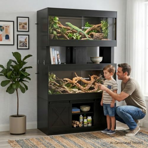 Cushore Double 4x2x2 Reptile Enclosure with Stand, Solid Wood 120 Gallon Reptile Terrarium, Bearded Dragon Tank Stand with Sliding Door and 2 Cabinets for Snake, Lizard, Crested Gecko, Black