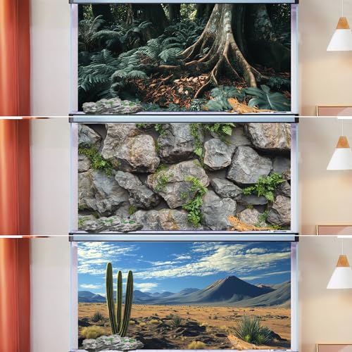 COMSUN 3 Pack Terrarium Background, 36x18 inches Polyester Reptile Background, Cloth Terrarium Background, Tropical Green Tree Fern & Gobi Desert Sunshine Cactus Rock Terrarium Background - size: 36x18 Inch