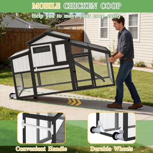 Chicken Coop and Run with Wheels, Portable Two Story Rabbit Hutch Indoor Outdoor, Wooden Hen House with Nesting Box, Ramp & Deep No Leak Pull Out Tray for Chick, Rabbit
