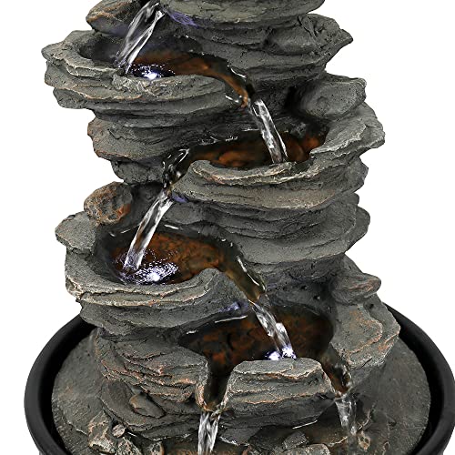 15.7” High Rock Falls Tabletop Water Fountain with LED Lights - 5-Tier Indoor Relaxation Waterfall Fountain, Small Cascading Water Feature for Home and Office Decor Gray-1