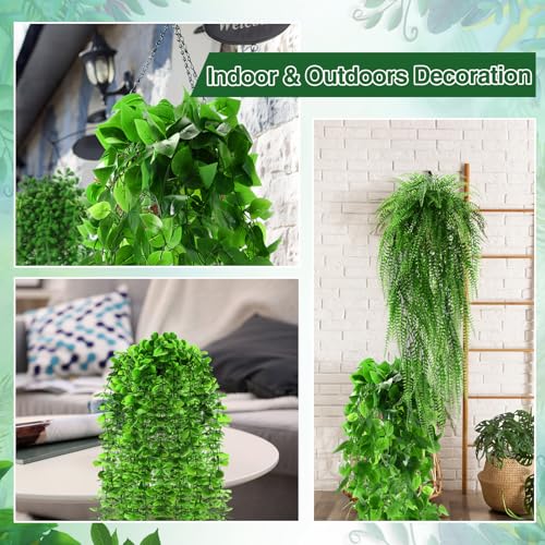 Daifunli 12 Pcs Artificial Hanging Plants Fake Hanging Ferns Plastic Faux Plants for Wall Room Garden Garland Indoor Outdoor Decor No Basket (Boston,Eucalyptus,Ivy Vine,String of Pearls) - style: Boston, Eucalyptus, Ivy Vine, String of Pearls