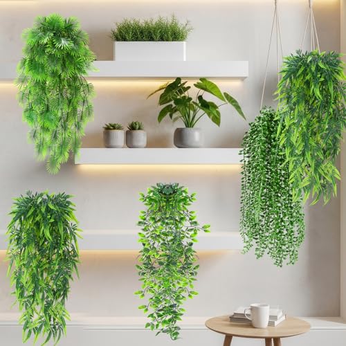 Daifunli 12 Pcs Artificial Hanging Plants Fake Hanging Ferns Plastic Fake Plant for Wall Room Garden Garland Indoor Outdoor Decor No Basket (Palm,Mandala,String of Pearls,Maple Leaf) - style: Palm, Mandala, String of Pearls, Maple Leaf