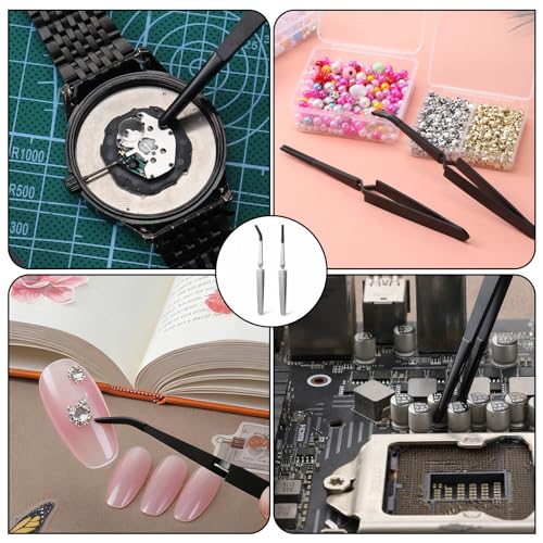 JJUNW 2 Pcs Reverse Tweezers For Crafting, Rubber Tipped Tweezers Set With Curved And Straight Tips, Stainless Steel Locking Tweezer for Crafts Jewelry Beads Electronic