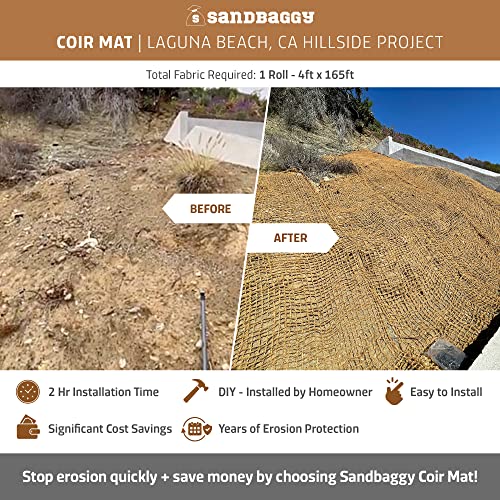 Sandbaggy Coir Mat | Erosion Control Product for Stopping Soil Erosion on Hillsides, Riverbanks & Oceanfront | Lasts 5X Longer Than Straw Blanket | Lasts 2-5 Yrs (4 ft by 165 ft Roll or 660 sq ft) - size: 4 ft by 165 ft Roll Size or 660 sq ft