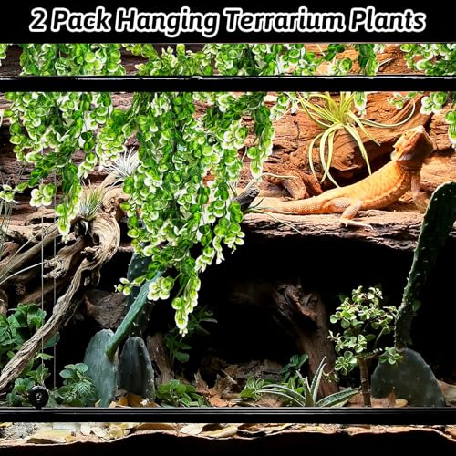 Hamiledyi 4 PCS Hanging Fake Plants for Reptiles, Fake Reptile Plants for Reptiles Tank with Suction Cup, Reptile Plants Jungle Hanging Vines for Bearded Dragon Tank (Green and White) - size: 4 PCS