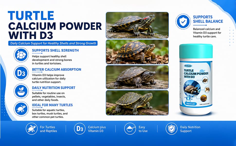 Turtle Calcium Powder with D3 – 80g – High Calcium + Vitamin D3 – Phosphorus-Free – Prevents MBD for Turtles – Dust on Food or Insects