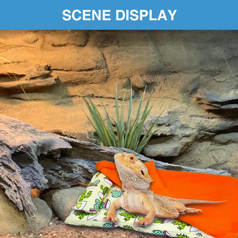 Bearded Dragon Hammock Sleeping Bag Set- Hanging Pet Bed with Pillow and Blanket Hideout Habitat with Soft Warm for Bearded Dragon Lizard Leopard Gecko and Small Pet Animal(Beige + Orange Quilt) - color: Beige + Orange Quilt