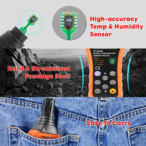 Protmex PT6508 Temperature Humidity Meter, Digital Thermometer Hygrometer Monitor with Ambient, Dew Point, Wet Bulb for Indoor/Outdoor MIN, MAX, Data Hold, LCD Backlight - size: PT6508