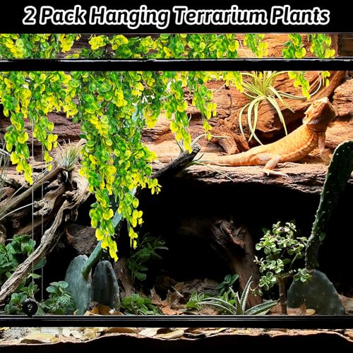 Hamiledyi 4 PCS Reptile Plants Hanging Terrarium Plants Artificial Leaves Habitat Decorations with Suction Cup Green and Yellow Fake Amphibian Plants for Bearded Dragon Lizard Geckos Chameleon - size: 4 PCS