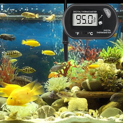 Digital Aquarium Thermometer with LCD Display - Water-Resistant Sensor Probe and Suction Cup for Fish and Reptile Tanks (Fahrenheit/Celsius)