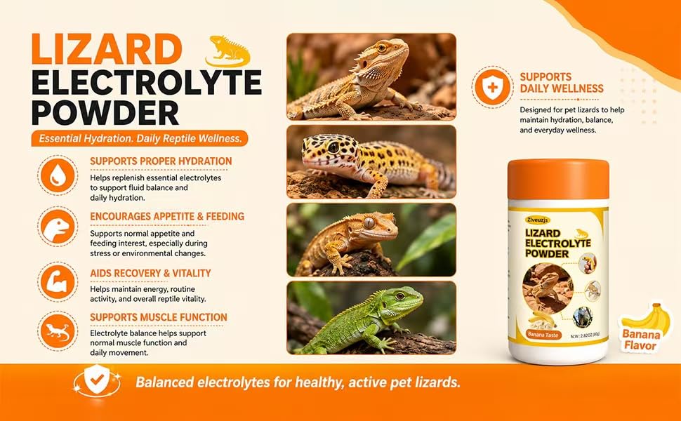 Lizard Electrolyte Powder – 2.82 oz (80 g) – Relieves Dehydration in Bearded Dragons and Geckos – Can be Administered orally or Added to Water (Banana Flavor)