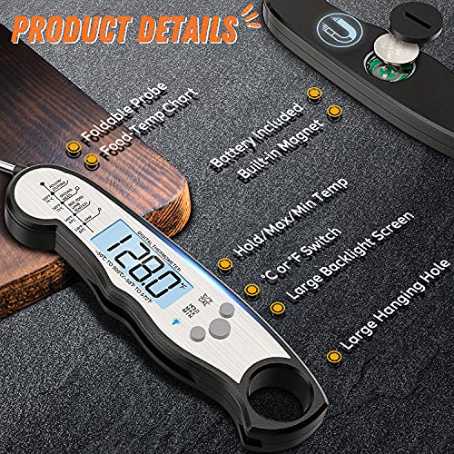 Digital Meat Thermometer, Waterproof Instant Read Food Thermometer for Cooking and Grilling, Kitchen Gadgets, Accessories with Backlight & Calibration for Candy, BBQ Grill, Liquids, Beef, Turkey… - color: Black - Sliver