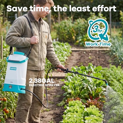 2.38 Gallon Battery Powered Sprayer with Adjustable Shoulder Strap, 0-60 PSI Adjustable Pressure, Electric Sprayer with 1 Nozzles and 1 Wands, 12V 2Ah Battery, Wide Mouth Lid for Weeding, Spraying - size: 2.38 Gal