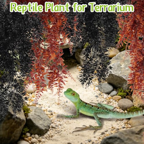Hamiledyi Reptile Plants Hanging Terrarium Plants 4 Pack Fake Artificial Leaves with Suction Cup for Snake, Lizard, Chameleon (Red & Black) - color: 2 Pcs Black +2 Pcs Red Reptile Plants
