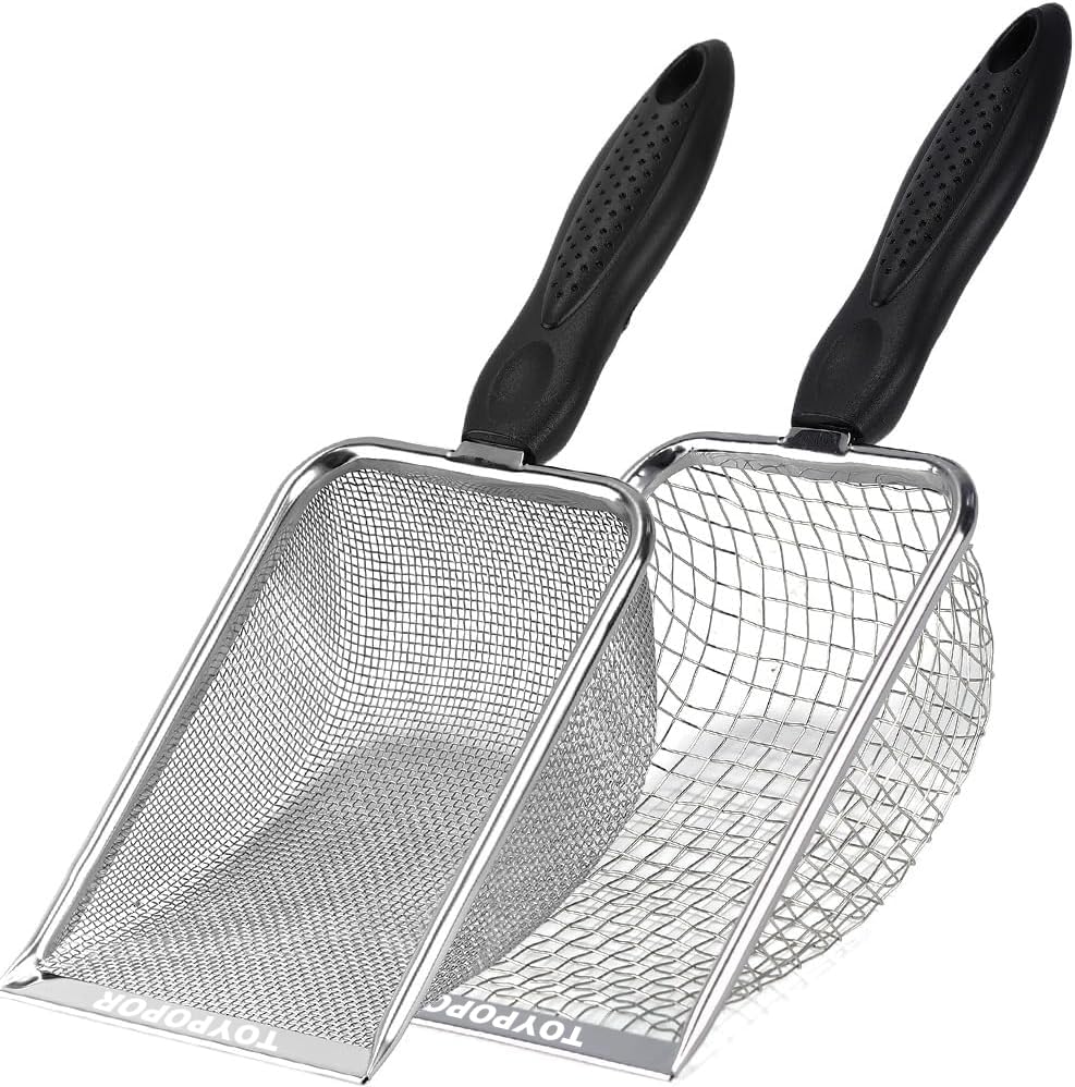 TOYPOPOR 2 Packs Reptile Substrate Scooper, 2mm and 5mm Fine Mesh Cat Litter Shovel, Climbing Pet Excrement Sifter, Stainless Steel Litter Cleaner, Bearded Dragon Metal Rake for Sand Bedding Aquarium