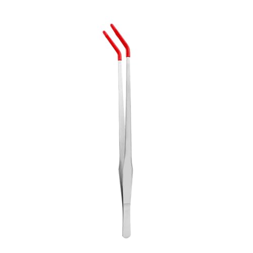 1pc Stainless Steel Reptiles Feeding Tongs with Rubber Tip,Long Tweezers for Reptiles Tanks Accessories,Reptiles Feeding Clamp for Grip Straight/Curved - color: Head immersion red, size: Bending clamp 38CM