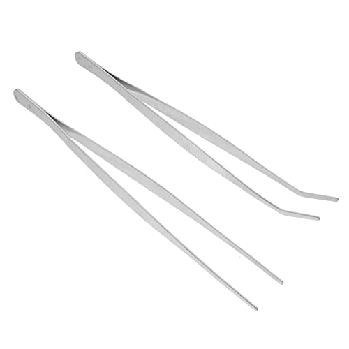 DOITOOL 2pcs Stainless Steel Straight Curved Tweezers Long Reptile Light Nippers Angled Feeding Tongs