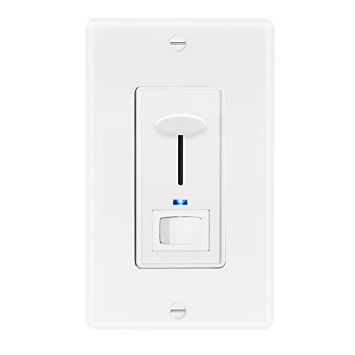 Maxxima Dimmer Light Switch, White, Blue Indicator Light, 3-Way/Single Pole | LED Compatible, 600 Watt Max, Wall Plate Included, Dimmable Lamp and Lighting Control - color: White, size: Single Pack