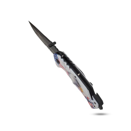 Snake Eye Tactical 7.75" Rescue Folding Pocket Knife – Black Steel Blade, Patriotic 3D Eagle ABS Handle 250th Anniversary Edition - color: White