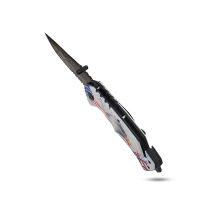 Snake Eye Tactical 7.75" Rescue Folding Pocket Knife – Black Steel Blade, Patriotic 3D Eagle ABS Handle 250th Anniversary Edition - color: White