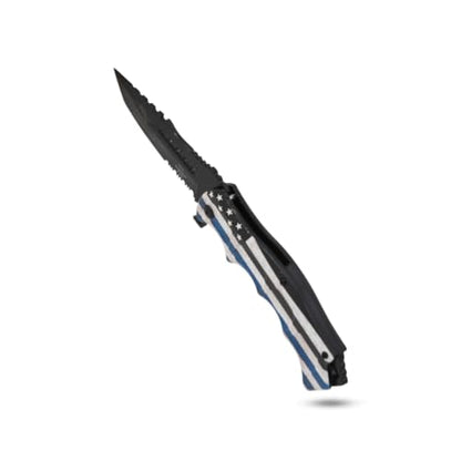 Snake Eye Tactical 8.5" Heavy Duty Folding Pocket Knife – Black Reverse Tanto Half Serrated 3CR13 Steel Blade, Printed Metal Thin Blue Line Police Flag Handle, 250th Anniversary Edition - color: Black & Blue