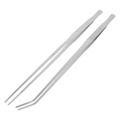 Lurrose 2pcs Long Tweezers - 19" Stainless Steel Straight and Curved Tweezers with Serrated Tips - Precision Tongs for Bathroom Kitchen Sink Drain Reptile Feeding & Aquarium Cleaning