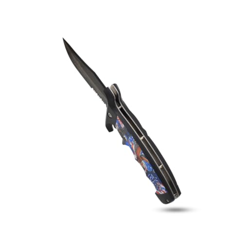 Snake Eye Tactical 9" Folding Pocket Knife – 4" Black 440 Stainless Steel Half Serrated Blade, 5" Patriotic American Flag & Eagle Printed Handle, Pocket Clip, 250th Anniversary Edition - color: Black