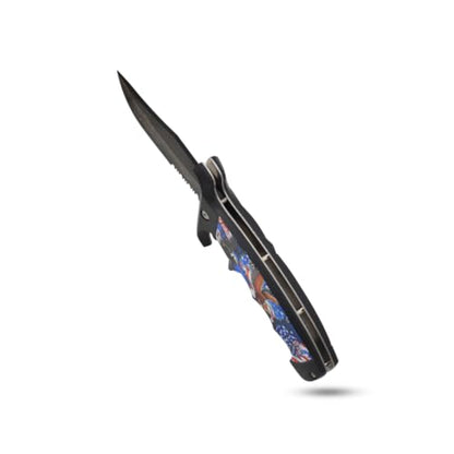 Snake Eye Tactical 9" Folding Pocket Knife – 4" Black 440 Stainless Steel Half Serrated Blade, 5" Patriotic American Flag & Eagle Printed Handle, Pocket Clip, 250th Anniversary Edition - color: Black