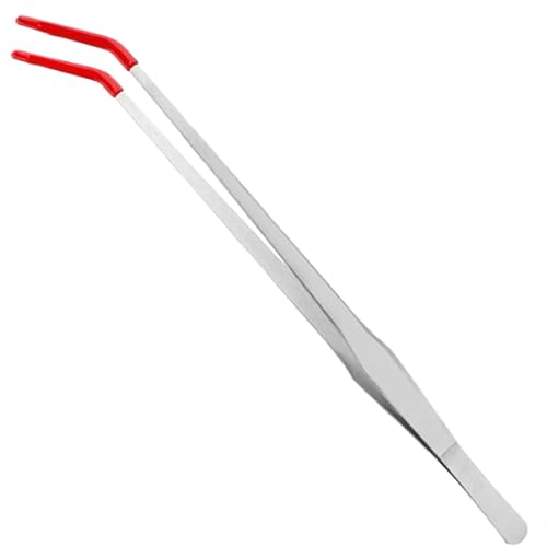 Feeding Tongs, 15 Inch Extra Long Stainless Steel Aquarium Tongs with Rubber Tip, Curved Long Tweezers Terrarium Feeder Tool for Reptile Tank Accessories