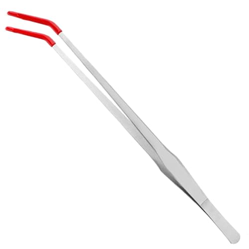 Feeding Tongs, 15 Inch Extra Long Stainless Steel Aquarium Tongs with Rubber Tip, Curved Long Tweezers Terrarium Feeder Tool for Reptile Tank Accessories