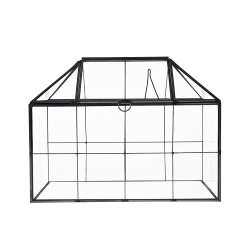 HighFree Geometric Terrarium Planter with Swing Lid, House Shape Black Handmade Glass Box, Vintage Tabletop Miniature Terrarium, for Succulent, Cacti, Air Plants (Not Watertight - 9.2x5.5x7.3 inch)