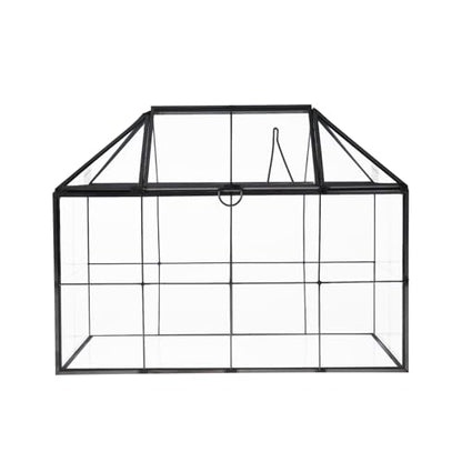 HighFree Geometric Terrarium Planter with Swing Lid, House Shape Black Handmade Glass Box, Vintage Tabletop Miniature Terrarium, for Succulent, Cacti, Air Plants (Not Watertight - 9.2x5.5x7.3 inch)