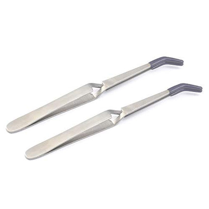 OdontoMed2011 Pack of 2 Cross Lock Tweezers Bent Nose PVC Rubber Tip Cross Locking Self Closing 6-1/2" Stainless Steel Tweezers 6.5"