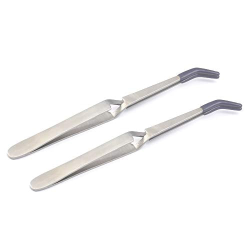 OdontoMed2011 Pack of 2 Cross Lock Tweezers Bent Nose PVC Rubber Tip Cross Locking Self Closing 6-1/2" Stainless Steel Tweezers 6.5"