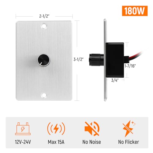 12 Volt PWM LED Dimmer Switch 15A 180W, Push On Off, Rotary Knob Dimming,12V 24V Light Dimmer for RV Boat Truck Camper Van Trailer Light Fixtures, LED Strip Lights (Silver Panel) - color: Silver