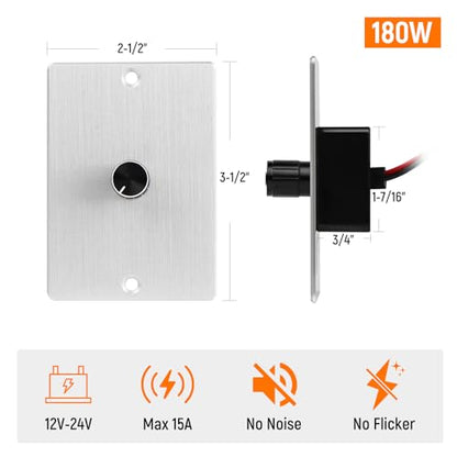 12 Volt PWM LED Dimmer Switch 15A 180W, Push On Off, Rotary Knob Dimming,12V 24V Light Dimmer for RV Boat Truck Camper Van Trailer Light Fixtures, LED Strip Lights (Silver Panel) - color: Silver