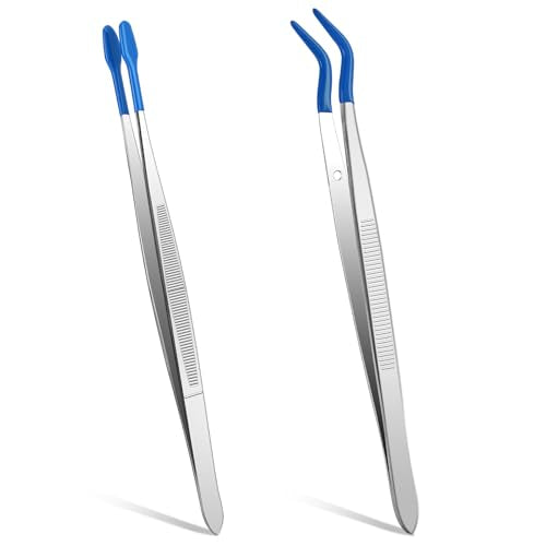 Rubber Tipped Tweezers, 2 Pcs PVC Coated Craft Tweezers Long Bent and Straight Flat Tip Precision Tweezer Set for Crafts Stamps Coin Beads Jewelry Industrial Electronic Lab (Blue) - color: Blue