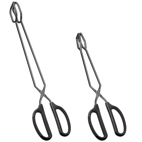 HINMAY Stainless Steel Scissor Tongs 12" and 16" Set, Set of 2 (Black) | Extra Long Metal Kitchen Tongs for Cooking, Grilling & Serving - color: Black, size: 12" 16"