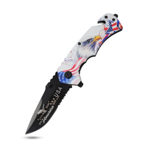 Snake Eye Tactical 7.75" Rescue Folding Pocket Knife – Black Steel Blade, Patriotic 3D Eagle ABS Handle 250th Anniversary Edition - color: White