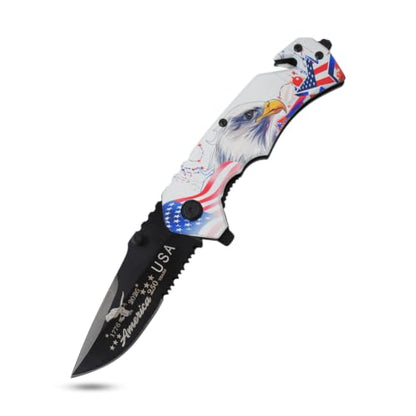 Snake Eye Tactical 7.75" Rescue Folding Pocket Knife – Black Steel Blade, Patriotic 3D Eagle ABS Handle 250th Anniversary Edition - color: White