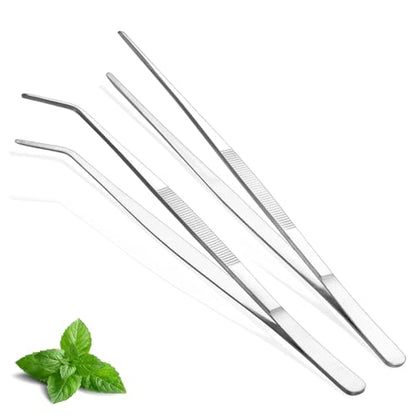 Berglander Kitchen Tweezers Tongs 2pcs, 12" Extra-Long Stainless Steel Metal Heavy Duty Cooking Tweezers for Chef, Serving Food, Grill, Culinary, Pasta, Salad, BBQ