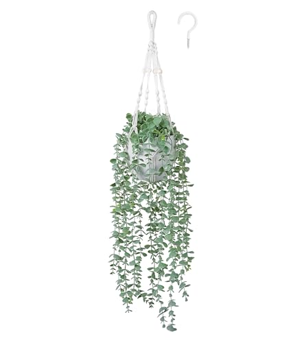 DREAMLOOM Fake Hanging Plants with Pot, Artificial Eucalyptus Hanging Plants with Macrame Hanger for Indoor Decor, Fake Hanging Vines Faux Greenery for Home Kitchen Office - color: Eucalyptus